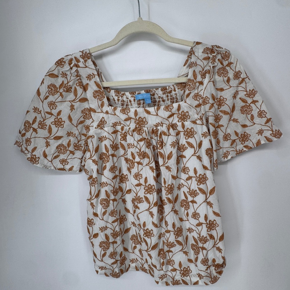 Draper James Embroidered Blouse Women S White Brown Excellent Square Neck Floral